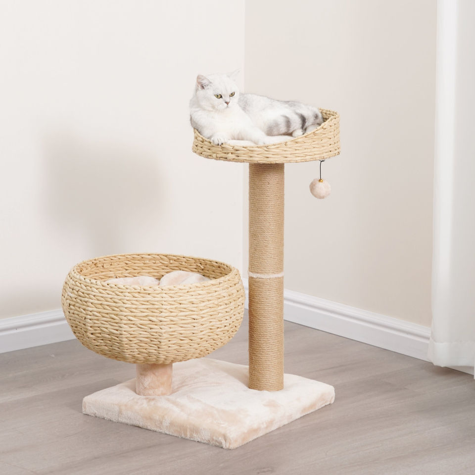 Petpals Cozy V2 PP200155 cat tree with two levels, one scratching post, 2 handwoven recycled paper rope cat basket beds