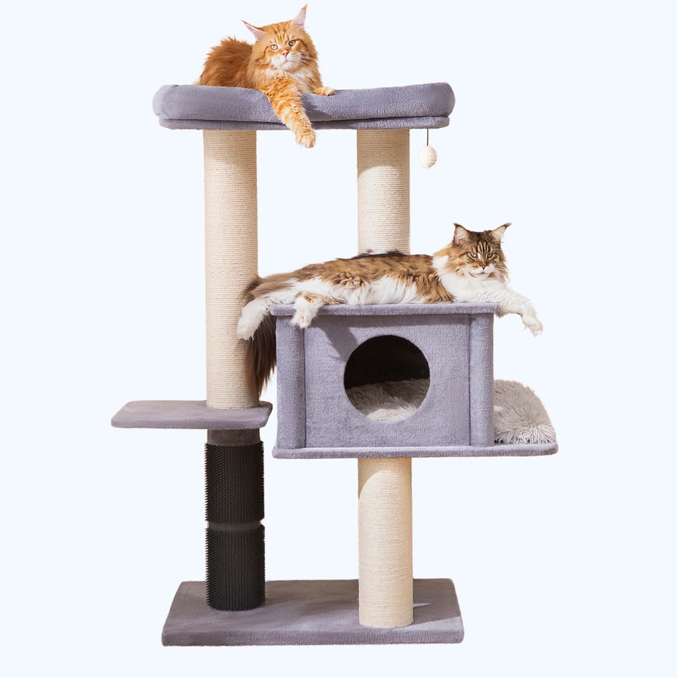 Petpals Lulu PP220928 Grand Maine Coon cat tree with 5 levels, 4 scratching posts, a cat bed, a cat condo, and 2 cat groomers