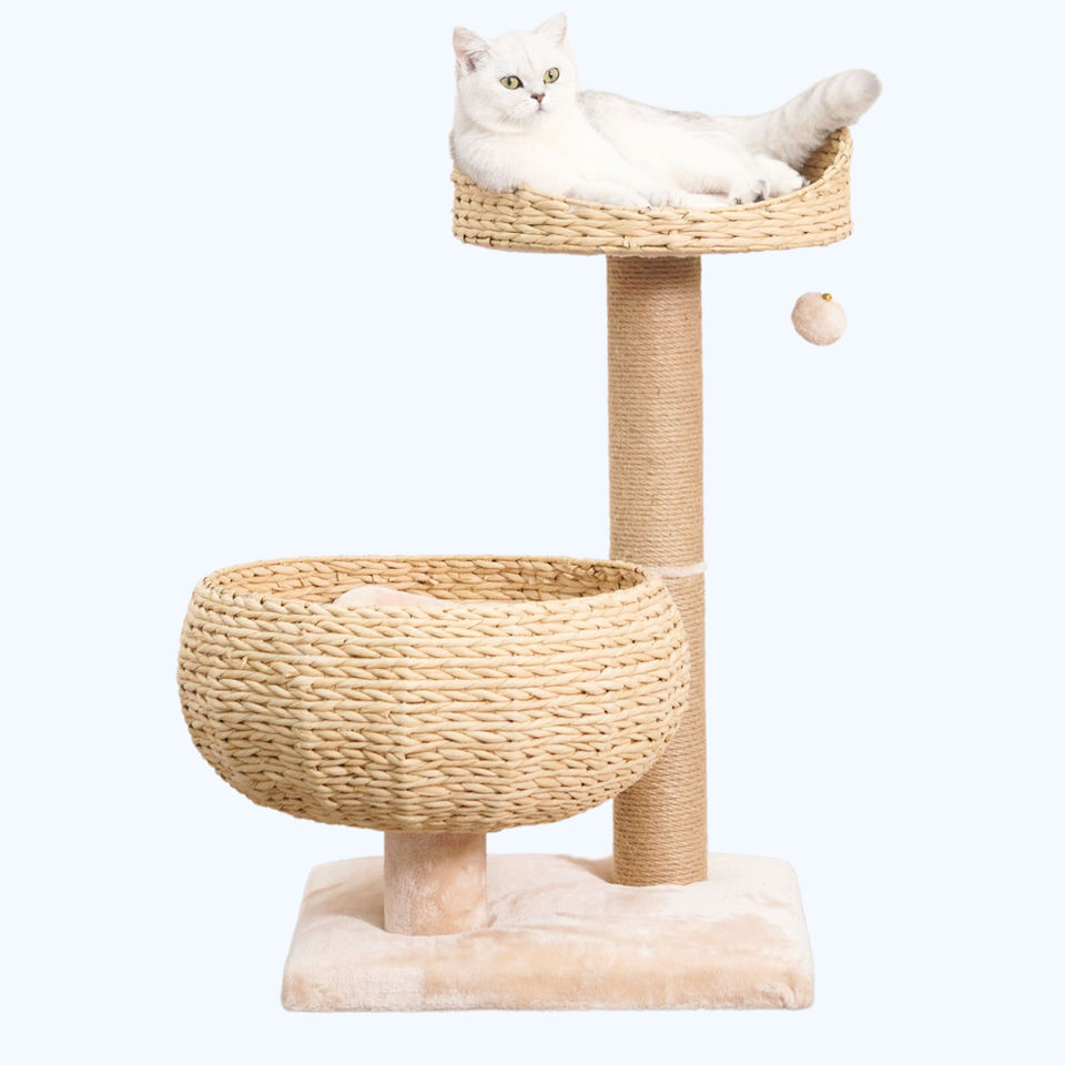 Petpals Cozy V2 PP200155 cat tree with two levels, one scratching post, 2 handwoven recycled paper rope cat basket beds