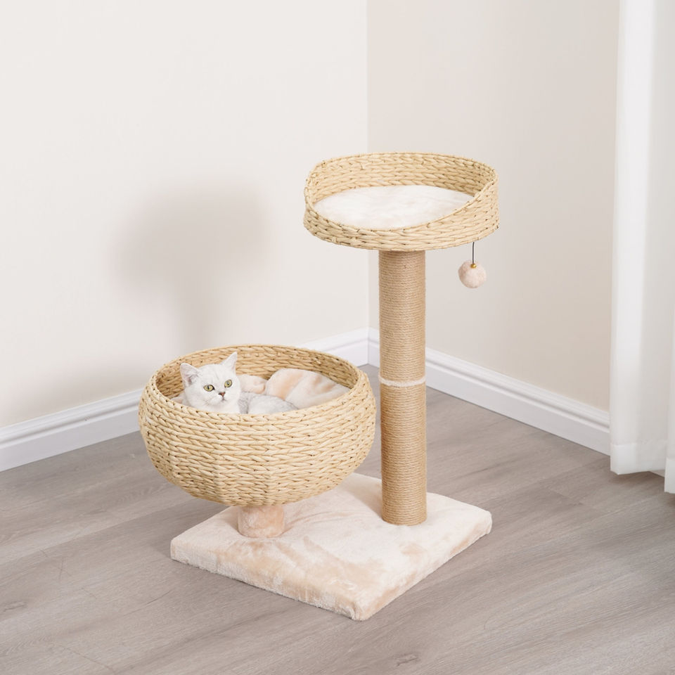 Petpals Cozy V2 PP200155 cat tree with two levels, one scratching post, 2 handwoven recycled paper rope cat basket beds