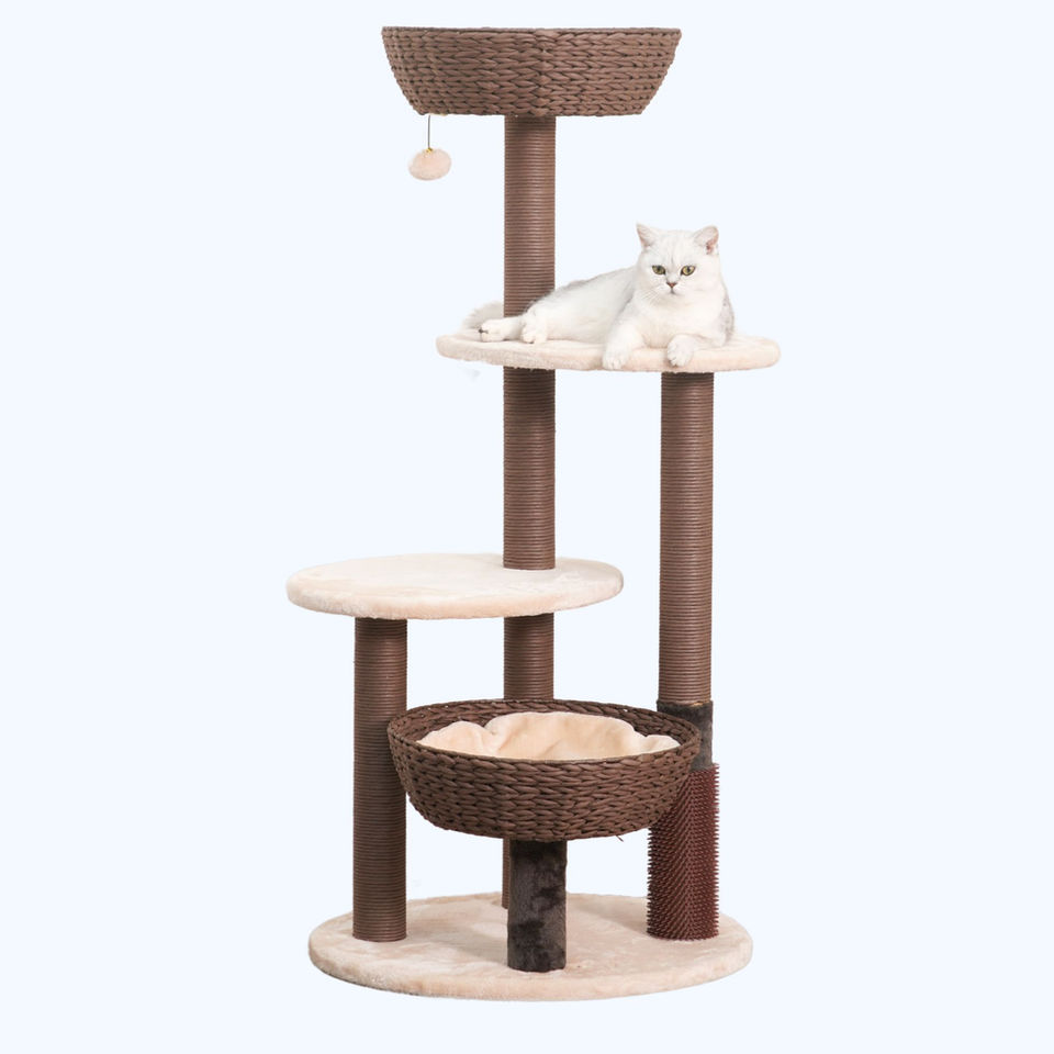 Petpals Pharaoh PP210335 cat tree with five levels, five scratching posts, two cat beds, and a rubber groomer on white