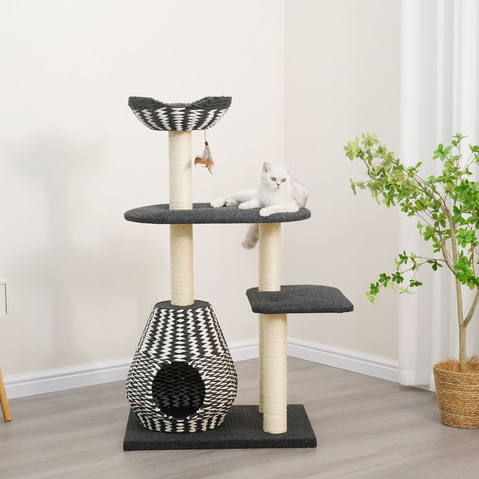 Petpals Ace PP2582 cat tree with 3 levels, 5 sisal scratching posts, a cat bed, a cat condo, and a toy