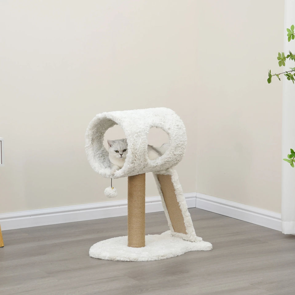 Petpals Space Needle PP230793 cat tree with 2 levels, a cat tunnel, a scratching ramp, a scratching post, and a toy in room