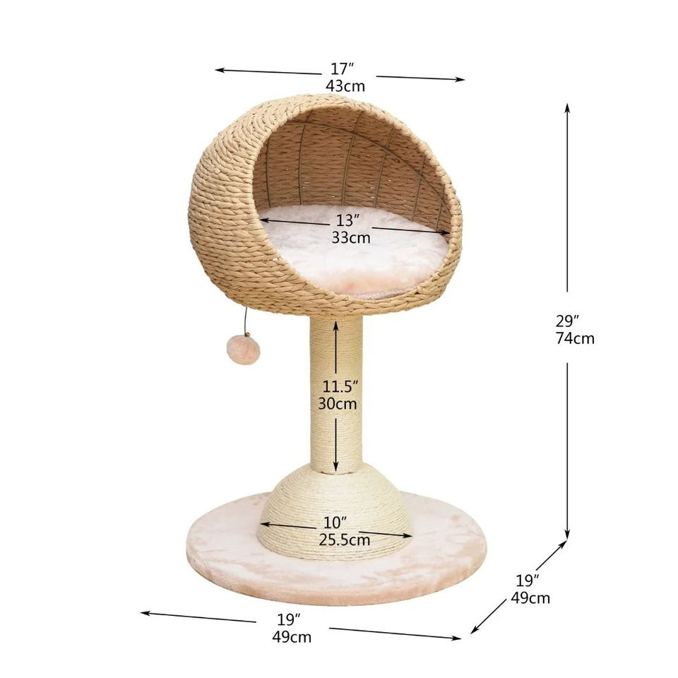 Petpals Lookout PP210310 cat tree with two levels, one scratching post, handwoven recycled paper rope cat basket bed size