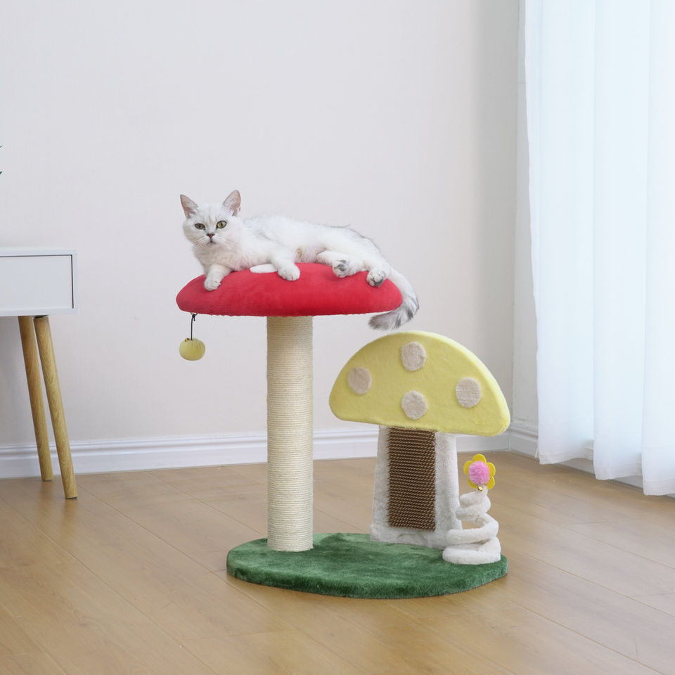 Petpals Moultrie PP240560 cat on mushroom perch scratcher, a sisal scratching post, and a cat toy