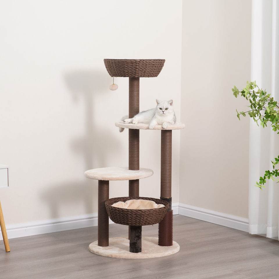 Petpals Pharaoh PP210335 cat tree with five levels, five scratching posts, two cat beds, and a rubber groomer in room