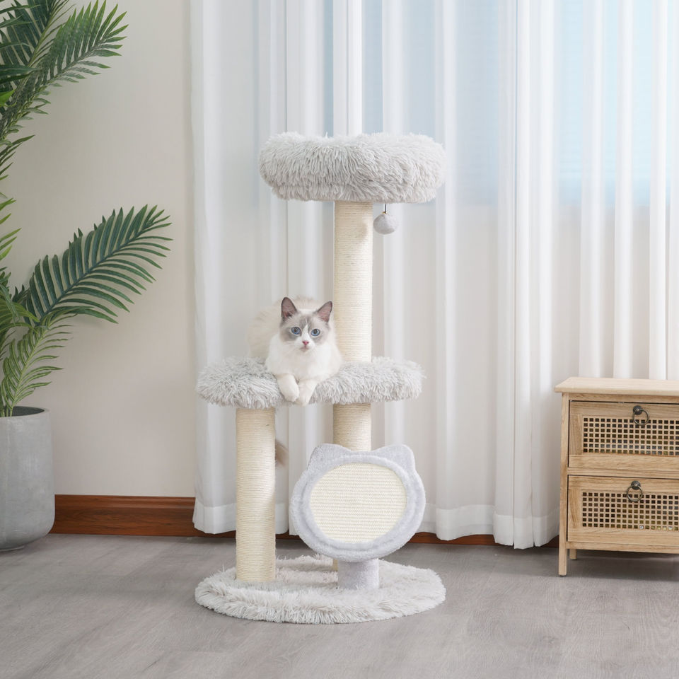 Petpals Rockview PP230409 cat tree with 2 levels, 3 scratching posts, a platform,  a cushion bed , scratching pad, and toy