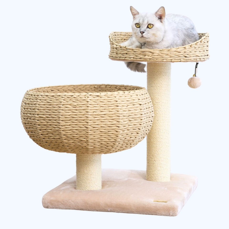 Petpals Cozy PP9058A cat tree with two levels, 2 scratching posts, 2 handwoven recycled paper rope cat basket beds & cat toy