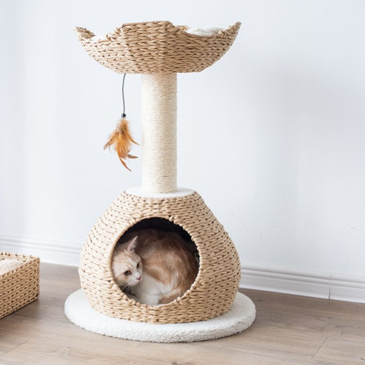 Petpals Walk Up PP2574 cat tree with two levels, one scratching post, a cat condo, and a bed