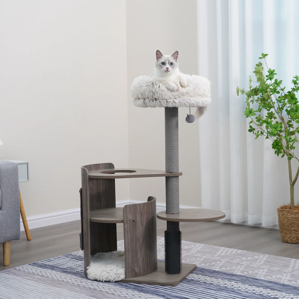 Petpals Cullen PP220876 cat tree with 4 levels, 2 scratching posts, a sisal mat, 3 platforms, a cat bed, and a cat groomer