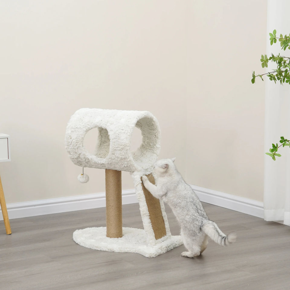 Petpals Space Needle PP230793 cat tree with 2 levels, a cat tunnel, a scratching ramp, a scratching post, and a toy with cat